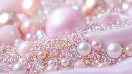 Luxurious array of pearls and gems amidst soft pink hues and glimmering lights