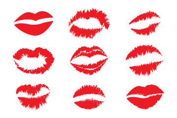 Lips prints. Red lipstick marks. Kiss shapes vector. Love symbol collection.