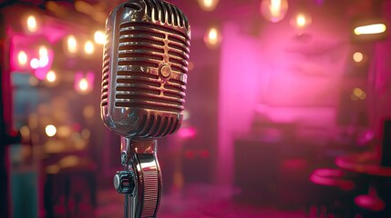 A live radio podcast studio is shown with a microphone and neon lights, creating a vibrant atmosphere for broadcasting content in an engaging and dynamic way.