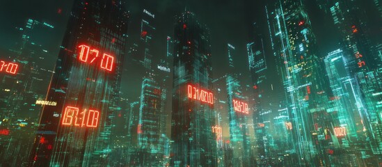 Obraz premium Stock numbers and percentages, displayed as holograms over a cityscape background 