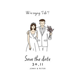 Obraz premium Wedding save the date card features a simple and elegant groom embracing bride illustration on a white background