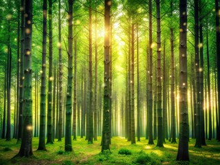 Fototapeta premium Lush Green Forest with Tall Trees and Bokeh Effect on White Background for Nature Photography and Environmental Themes