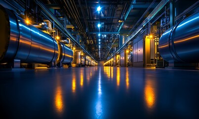 A dimly lit industrial corridor featuring metallic structures and vibrant blue and orange lighting, showcasing a high-tech environment.