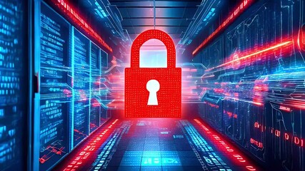 Red padlock in the middle of a server room with glowing lines and digital code. - Powered by Adobe