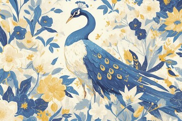 A vibrant peacock surrounded by floral patterns in blue and gold hues.