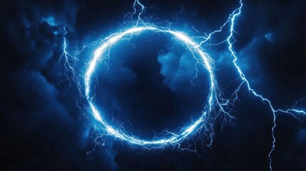 Obraz premium A glowing blue lightning circle against a dark, cloudy background, suggesting energy and power.