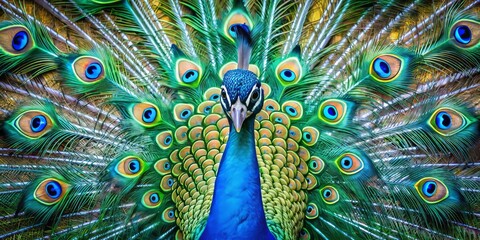 Obraz premium Majestic Peacock Display in Macro Photography: Intricate Textures of Vibrant Blue and Green Feathers Resembling Shimmering Water Scales with Symmetrical Beauty