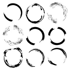 Brush stroke circles. Textured round symbols. Grunge circular frames. Vector illustration.