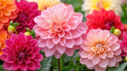 Vibrant blooms of dahlias in a summer garden