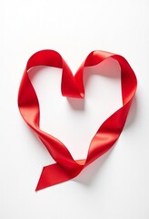 Elegant Red Silk Ribbon Heart on White: Valentine's Day Romantic Composition, Glossy Satin Fabric, Flowing Design, Minimalist Studio Photography, High-End Product Shot,