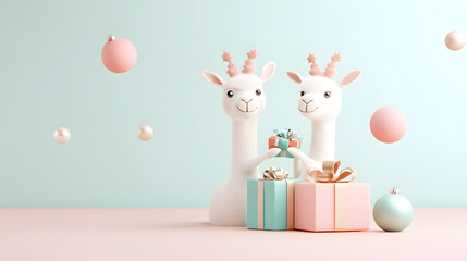Llamas joyfully exchanging colorful gifts on a soft pastel christmas morning in winter wonderland