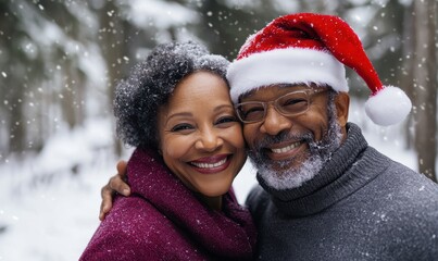 AI generative images of happy African American senior couple wearing Santa hat and celebrating New Year eve outdoors in a winter forest
