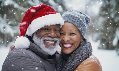 Fototapeta premium AI generative images of happy African American senior couple wearing Santa hat and celebrating New Year eve outdoors in a winter forest