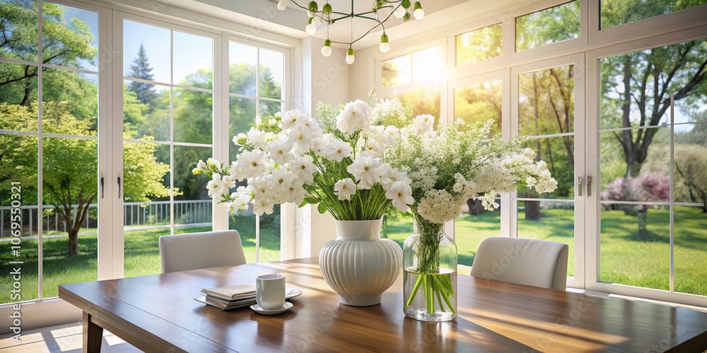 Canvas Prints Modern Spring Interior: White Wooden Table with Vase of White Flowers by Panoramic Windows Overlooking Lush Garden in Contemporary Home Setting