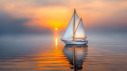 The sailboat gently moves across the serene waters, its white sails catching the warm hues of the setting sun, casting a golden glow over the tranquil sea