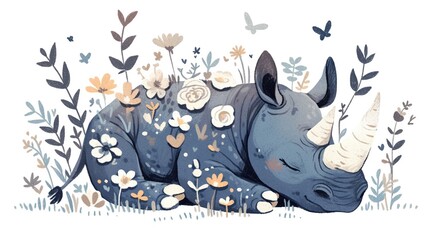 A whimsical illustration of a sleeping rhinoceros surrounded by colorful flowers and butterflies.