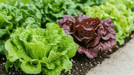 Vibrant green and red lettuce growing in a fresh vegetable garden