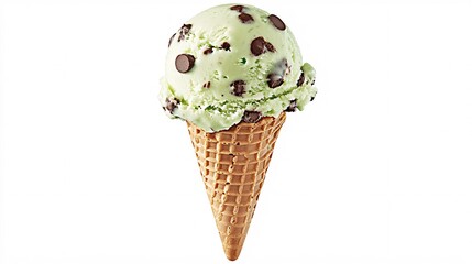 A single scoop of mint chocolate chip ice cream in a waffle cone, isolated on a white background. Generative ai
