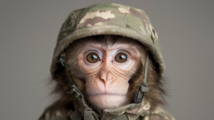 Fototapeta premium Adorable monkey in military camouflage suit with curious expression