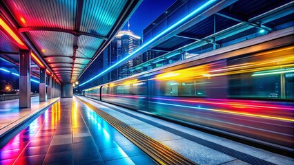 Nighttime Subway Platform with Electric Train in Motion at Modern Railway Station, Showcasing Urban Transport System and Vibrant City Life under Neon Lights