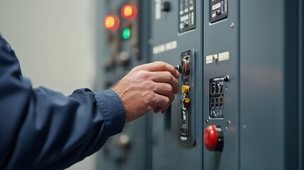 Naklejka premium Close up view of a technician or engineer adjusting the controls and settings on an industrial or manufacturing machine in a factory or production facility