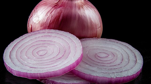 an oignon freshly cut in two pieces, with some washers of onion in front of the onions, isolated black background 