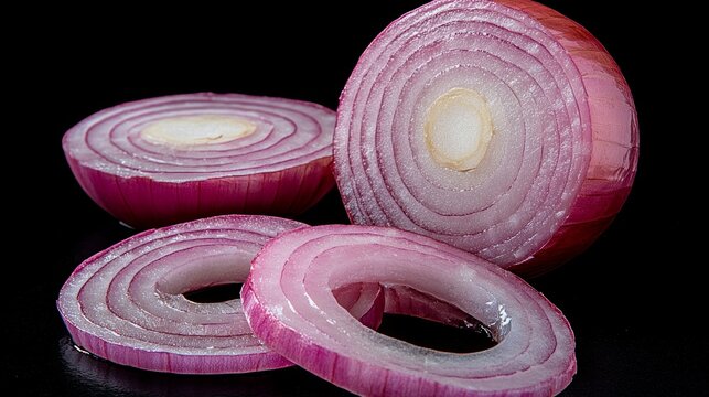 oignon freshly cut in two pieces, with some washers of onion in front of the onions, isolated black background