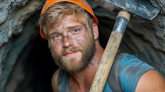 A haggard coal miner emerged from the dark underground tunnel, covered in soot and sweat, with a determined look in his eyes as he carried his pickaxe on his shoulder.