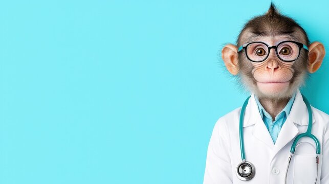 Cute monkey scientist wearing glasses and lab coat on blue background