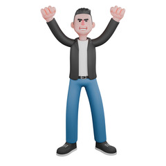 3D Musician Model. A male musician is standing while clenching both hands upwards.  Vocal Artist Model