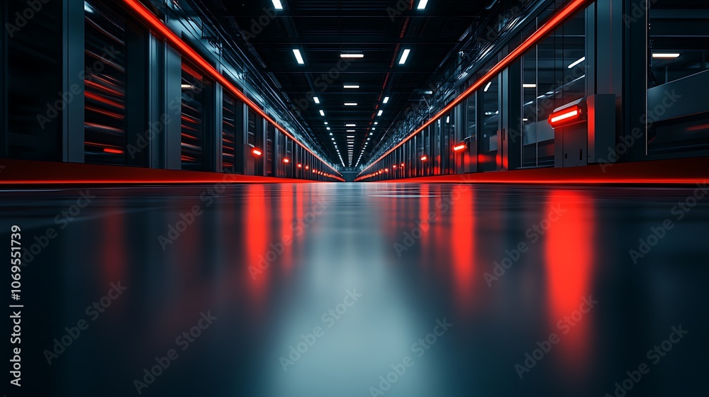Aufkleber a futuristic corridor illuminated by red lights, emphasizing modern architecture and technology in a