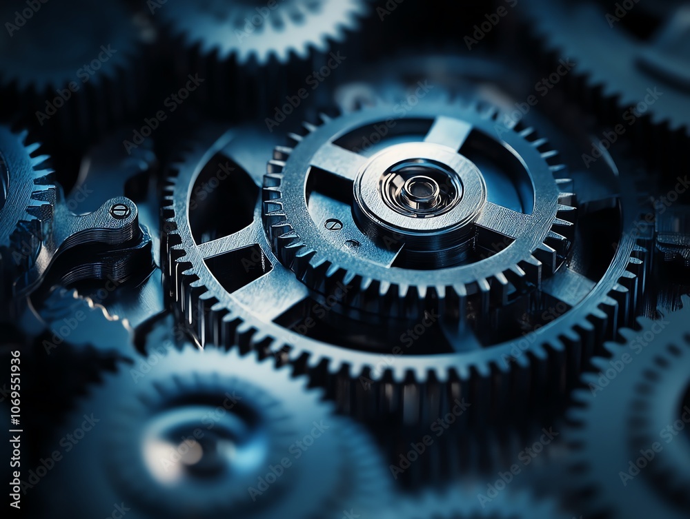Wall mural a close-up of a complex system of interlocking gears, showcasing the intricate design and functional