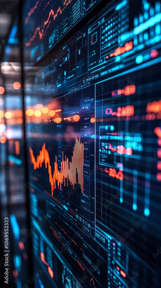 Poster A close-up of a large screen displaying financial data, with a blurry cityscape in the background