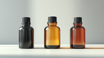 A mockup of bottles in black, white, and amber is displayed for medical or cosmetic products.