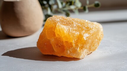 Sunlit raw yellow crystal on minimalist surface