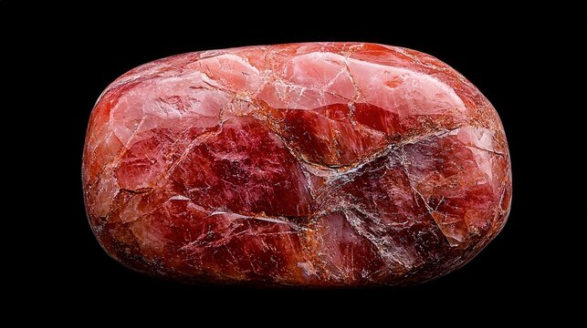 Polished red jasper stone on black background showcasing natural mineral texture