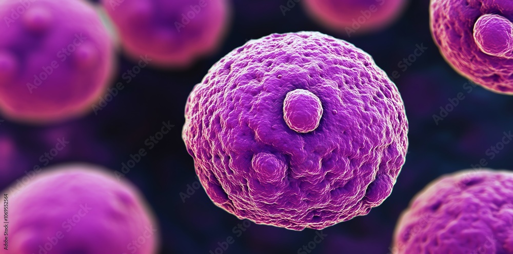 Poster a close-up of a purple, round, textured microbe with smaller microbes in the background.