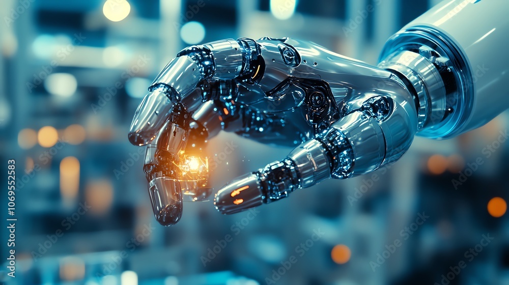 Poster a close-up of a robotic hand holding a glowing object, with a blurred factory background.