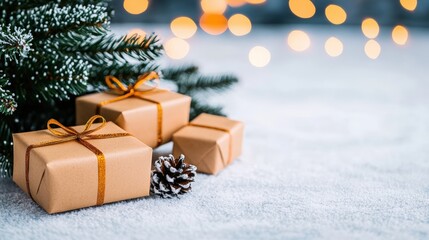 Festive holiday scene with wrapped gifts and pine tree on snowy surface