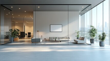 Obraz premium A modern 3D glass office interior, featuring furniture and equipment, with mockup space for wall art.