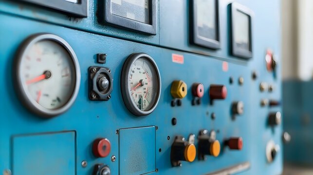 Detailed view of a power plant control panel with technicians closely monitoring various gauges dials and instruments to ensure efficient and safe of the facility