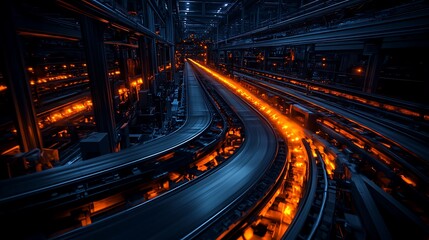 A futuristic industrial landscape with illuminated conveyor belts and vibrant orange lighting, set against a dark, expansive environment.