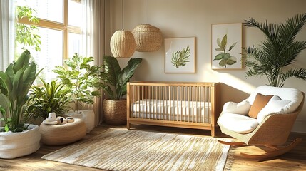 A modern baby room design showcasing a crib alongside a rocking chair for comfort.