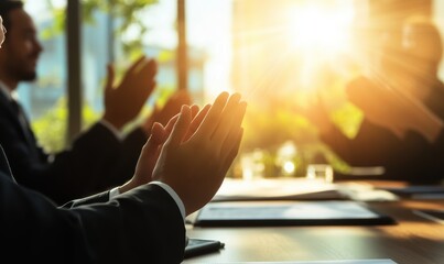 Business professionals clapping hands during a meeting, recognizing achievements or success with sunlight streaming through windows.