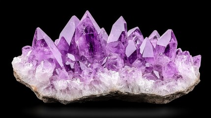 Stunning amethyst crystal cluster displaying natural beauty and intricate geometric shapes on black background