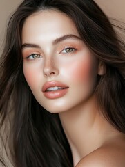 Obraz premium a beautiful woman with long dark brown hair, peach eyeshadow and pink blush on her face against a neutral background