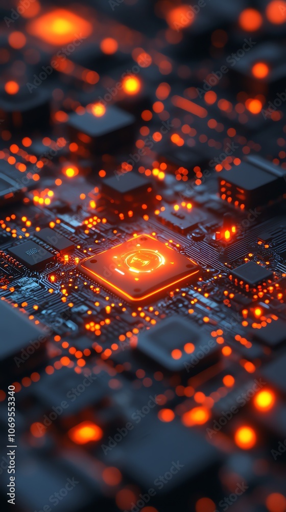 Poster a close-up shot of a circuit board with glowing red lights.