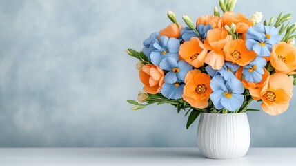 Vibrant bouquet of blue and orange flowers in a white vase against a soft background