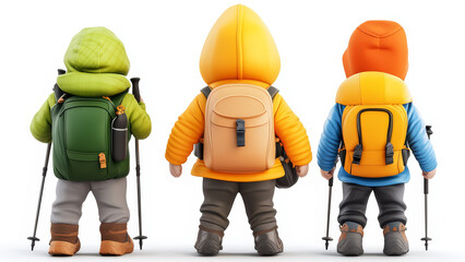 Hiking friends in colorful jackets and backpacks, ready for adventure. Their cheerful expressions and sturdy gear reflect spirit of exploration and camaraderie