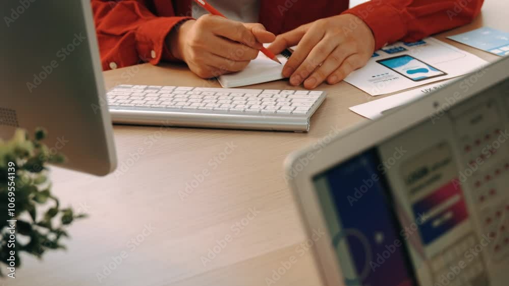 Poster startup company employee planning for user interface prototype for mobile application or website in 